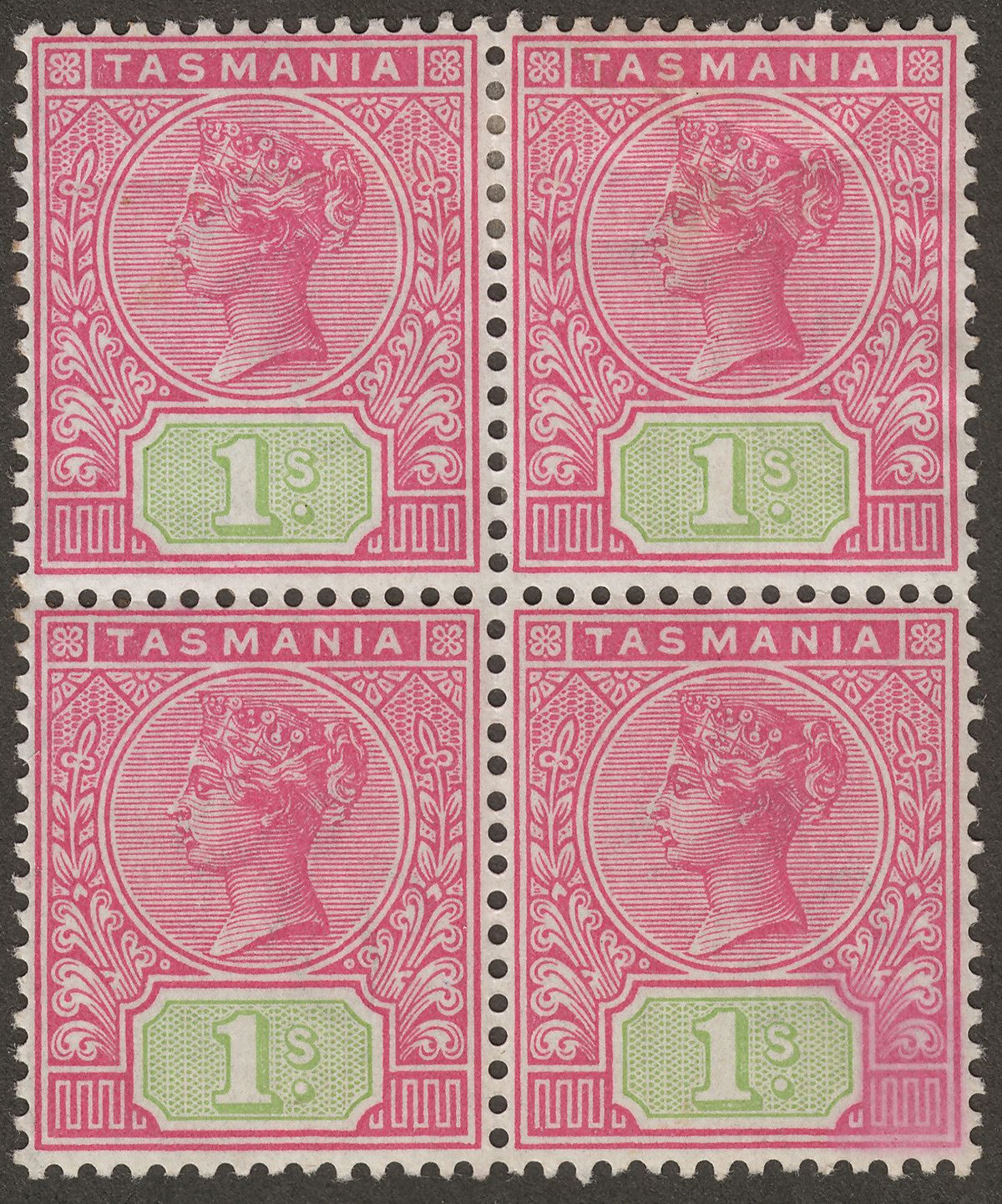 Tasmania 1892 Queen Victoria 1sh Rose and Green Block of 4 Mint SG221 cat £48