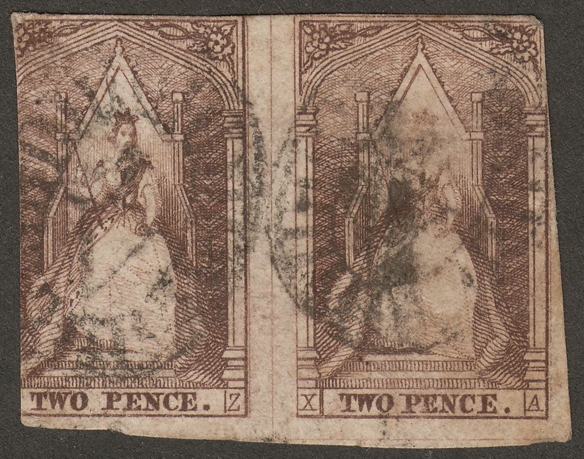 Victoria QV 1852 Queen on Throne 2d Brown Imperf Pair Used WZ XA recess?