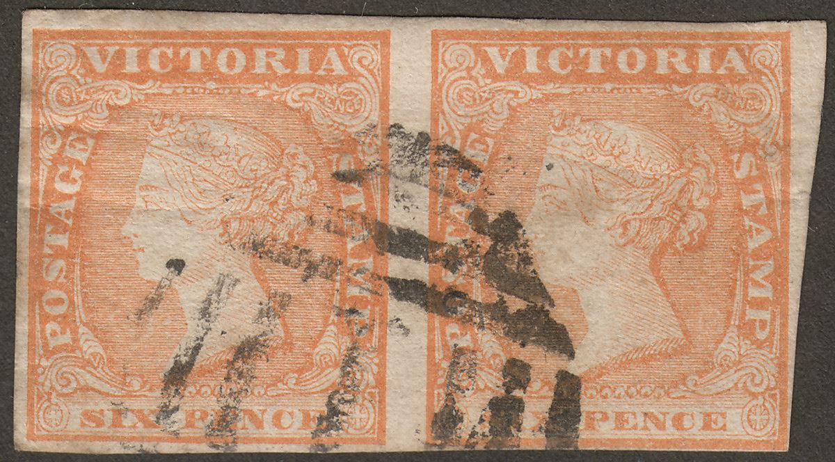 Victoria QV 1854 Woodblock 6d Dull Orange Imperforate Pair Used SG32a