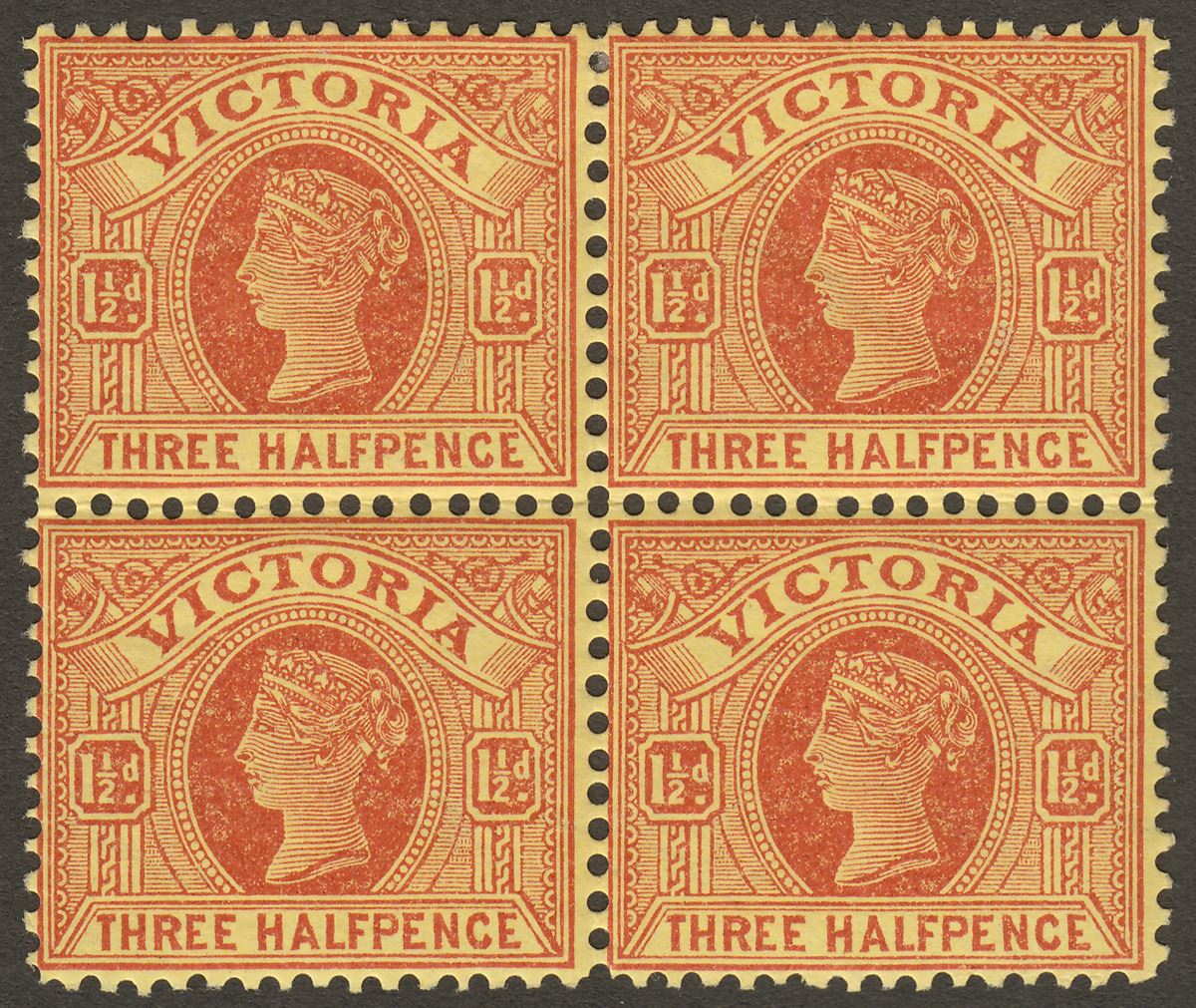Victoria 1899 QV 1½d Brown-Red on Yellow Block of Four Mint SG355