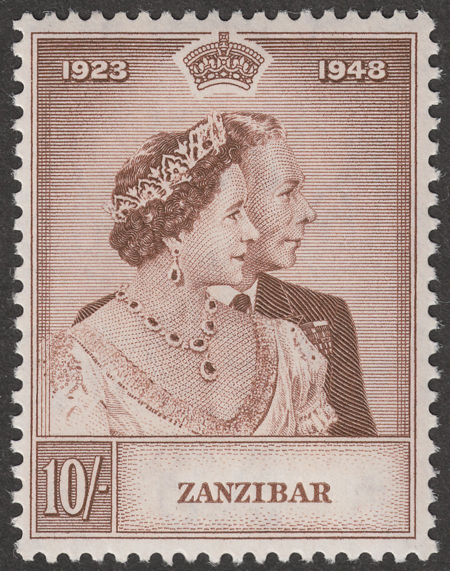 Zanzibar 1949 KGVI Royal Silver Wedding 10sh Brown Mint SG334