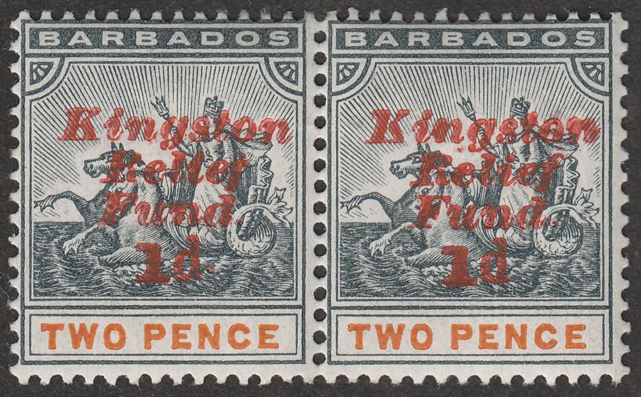 Barbados 1907 KEVII 1d Kingston Relief 2d Variety No Stop in Pair Mint SG153e