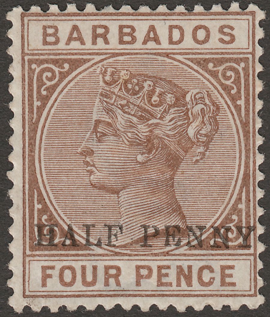 Barbados 1892 QV ½d Surcharge on 4d Brown with Variety No Hyphen Mint SG104a