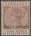 Click for more photos and details Barbados 1892 QV ½d Surcharge on 4d Brown with Variety No Hyphen Mint SG104a