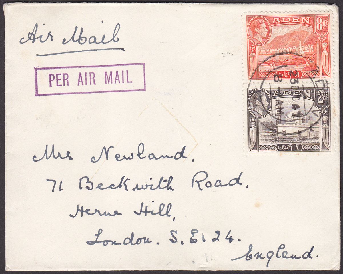 Aden 1947 KGVI 8a, 2a Used on Airmail Cover to UK on Union Castle Line Envelope