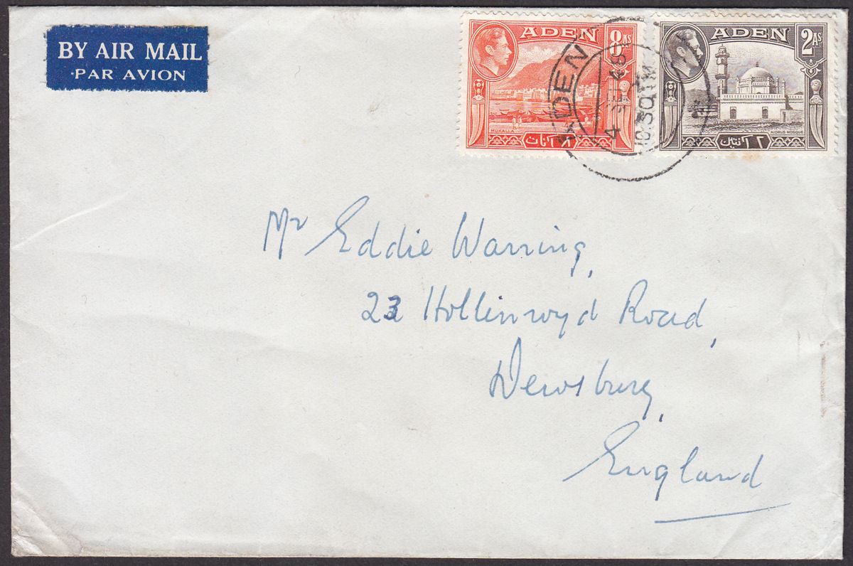 Aden 1948 KGVI 8a, 2a Used on Airmail Cover to UK on P&O envelope