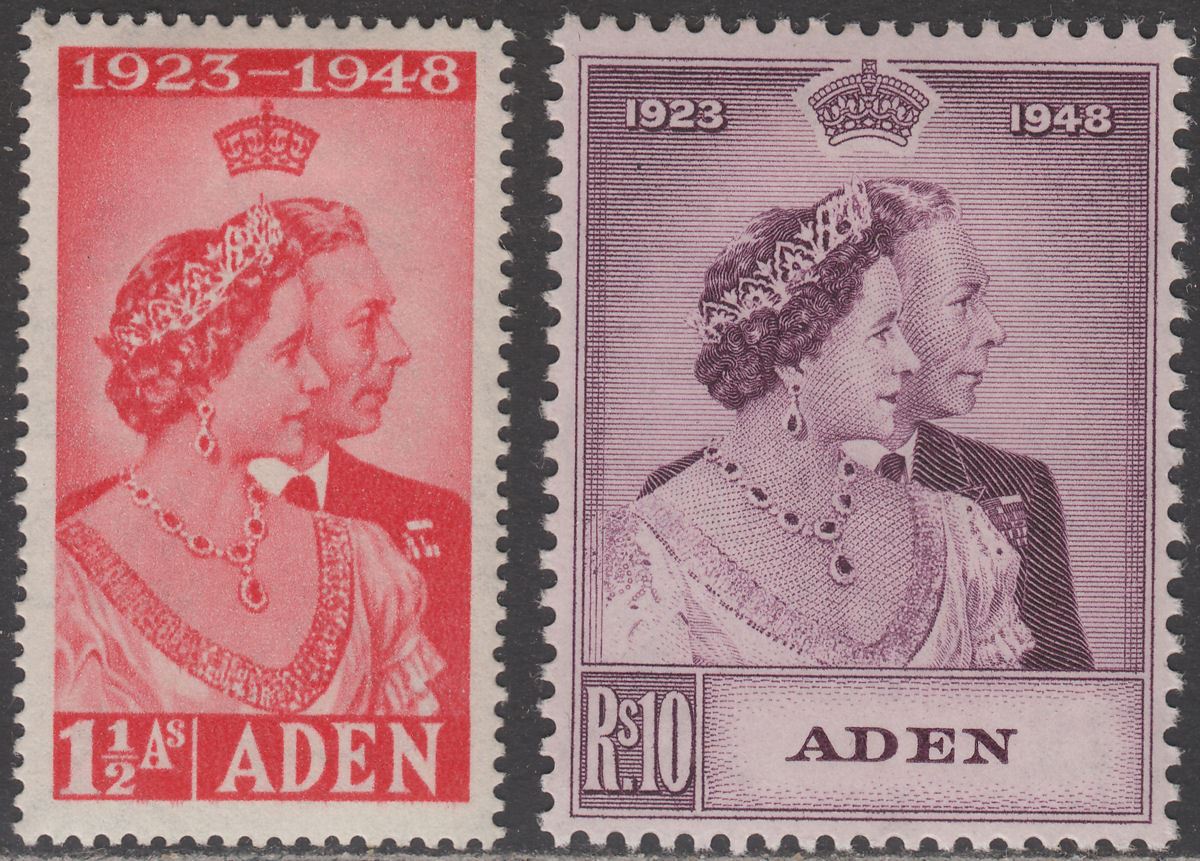 Aden 1949 KGVI Royal Silver Wedding 1½a Scarlet, 10r Mauve Mint SG30-31 cat £40