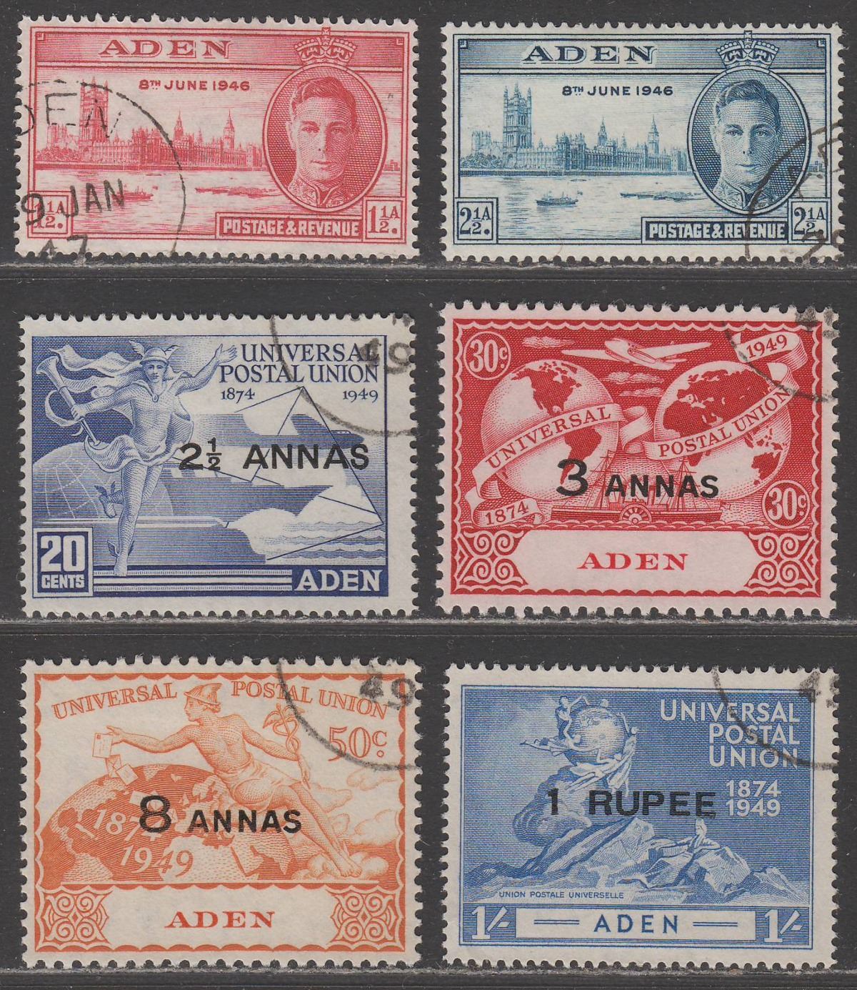 Aden 1946-49 KGVI Victory / 75th Anniv of UPU Surcharge Set Used