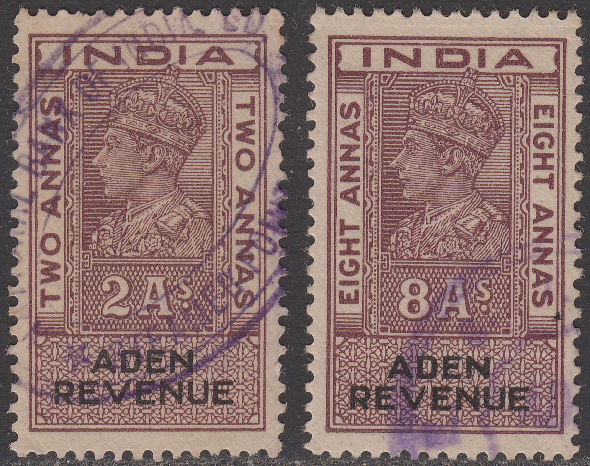 Aden 1945 KGVI Revenue 2a, 8a Purple and Black Used Fiscal