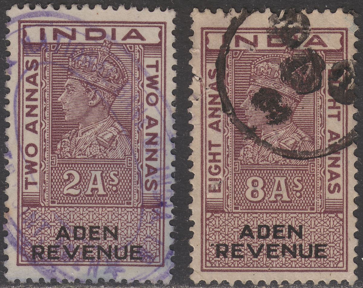 Aden 1945 KGVI Revenue 2a, 8a Purple and Black Used Fiscal