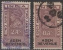 Click for more photos and details Aden 1945 KGVI Revenue 2a, 8a Purple and Black Used Fiscal