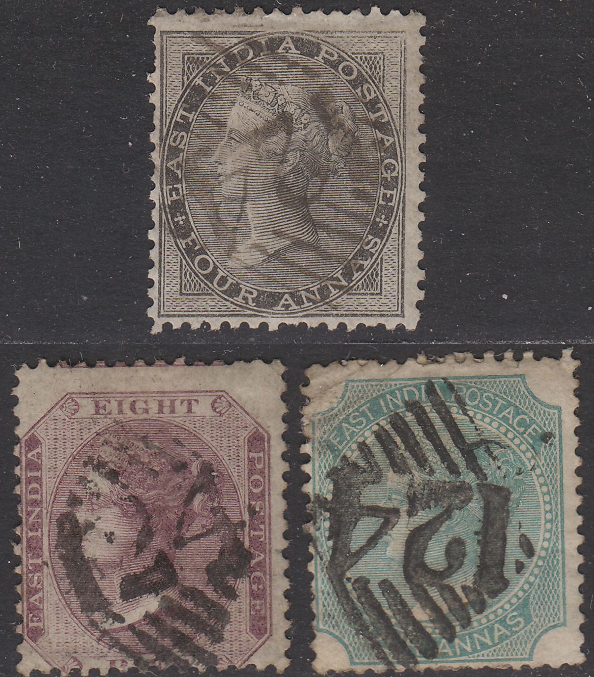 India used Aden 1856-78 QV 4a, 8p, 4a Used with 124 postmarks