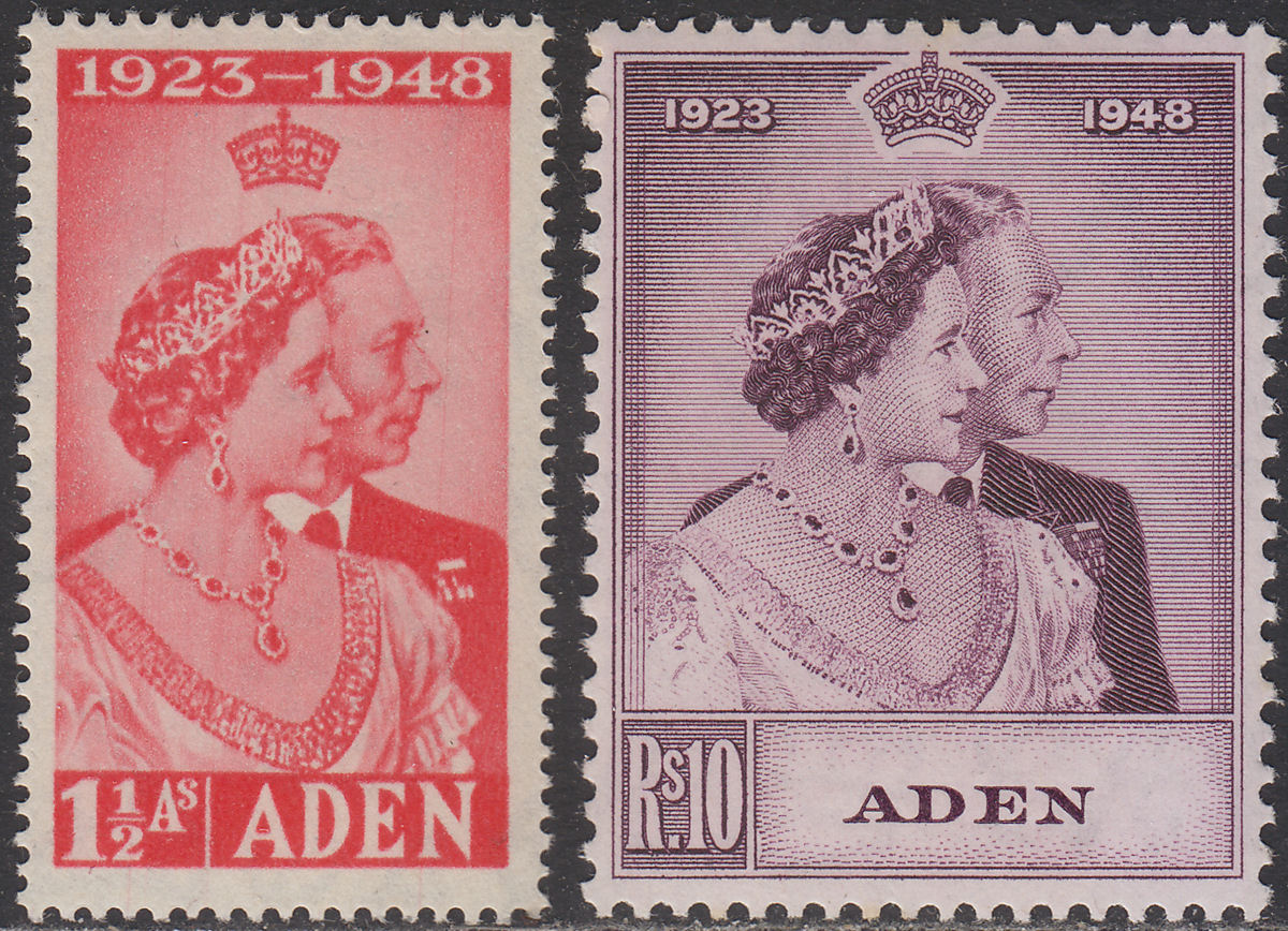 Aden 1949 KGVI Royal Silver Wedding 1½a Scarlet, 10r Mauve Mint SG30-31 cat £40