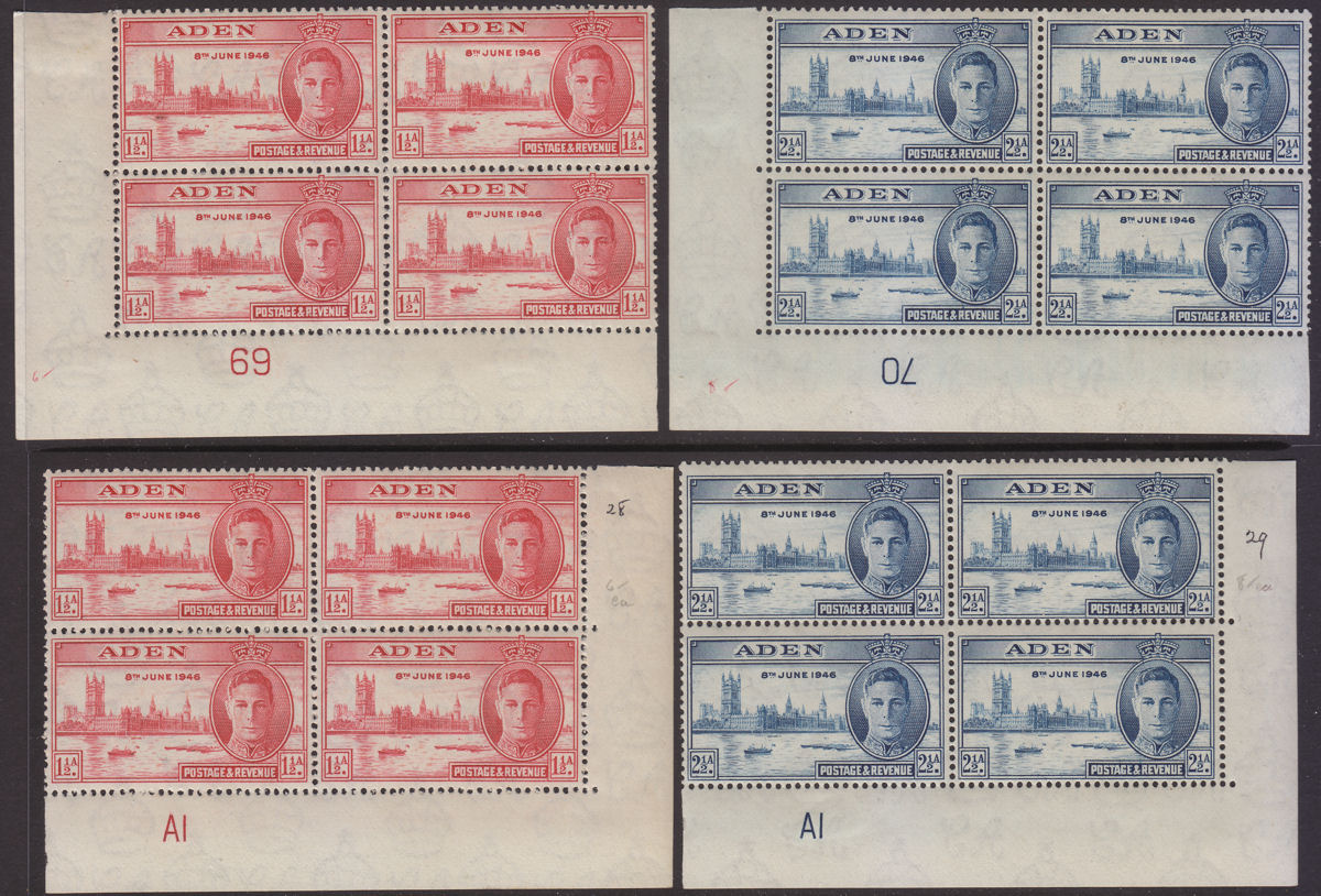 Aden 1947 KGVI Victory 1½a Carmine, 2½a Blue Plate No Blocks of 4 Mint SG28-29