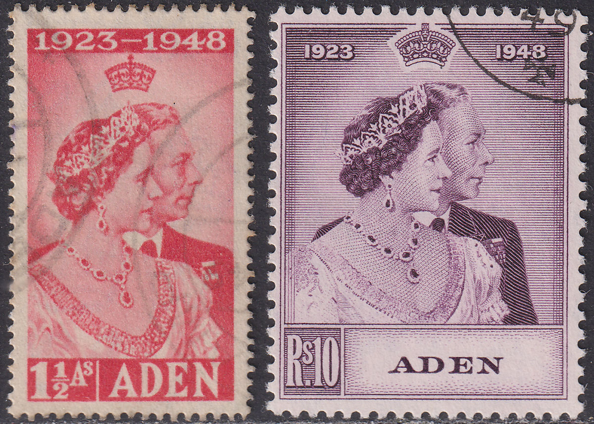 Aden 1949 KGVI Royal Silver Wedding 1½a Scarlet, 10r Mauve Used SG30-31 cat £55