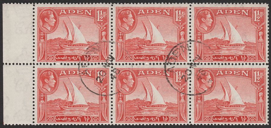 Aden 1939 KGVI 1½a Scarlet Marginal Block Six Used w variety Top Corner Re-entry