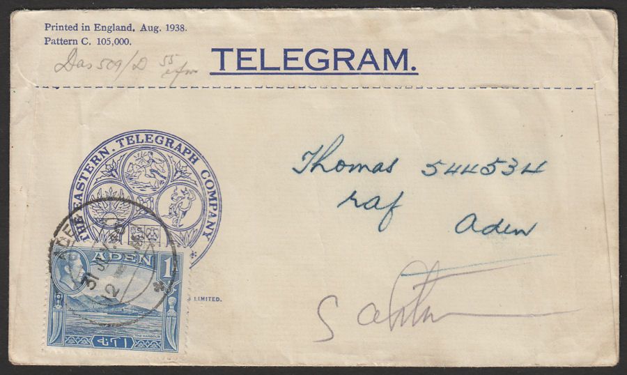 Aden 1940 KGVI 1a Blue on Telegram envelope Eastern Telegraph Company