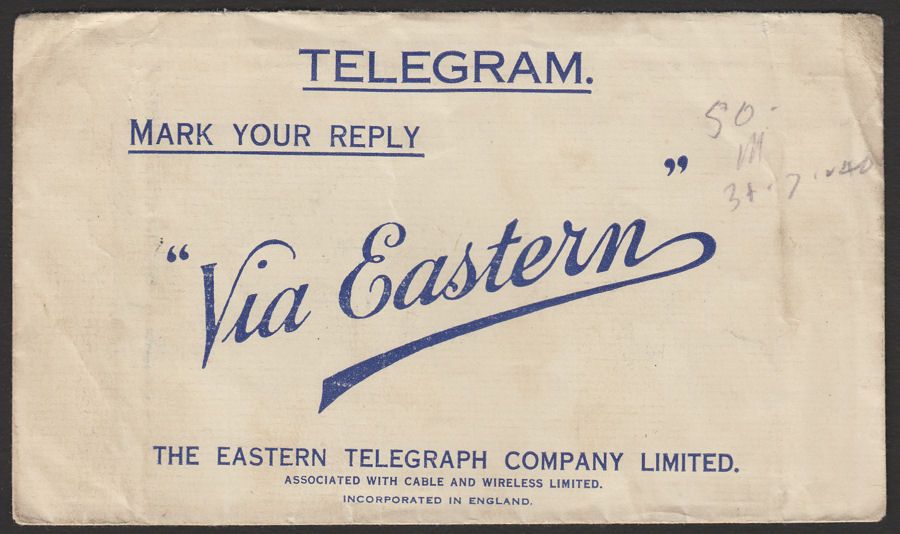 Aden 1940 KGVI 1a Blue on Telegram envelope Eastern Telegraph Company