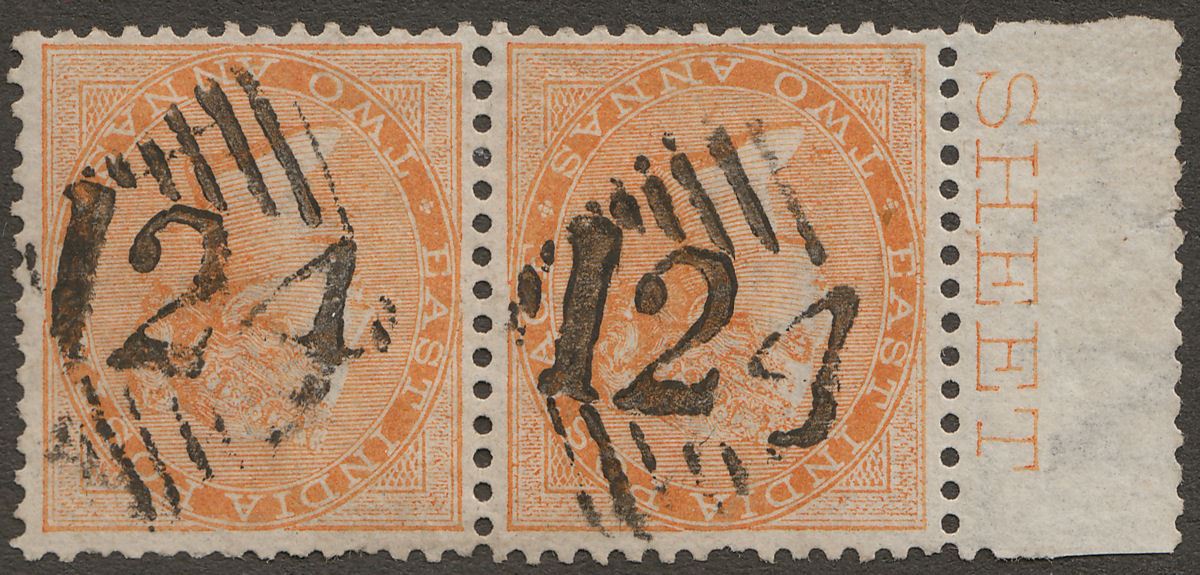 India used Aden 1865 QV 2a Orange Pair Used w 124 Aden Postmarks SG Z30 cat £30
