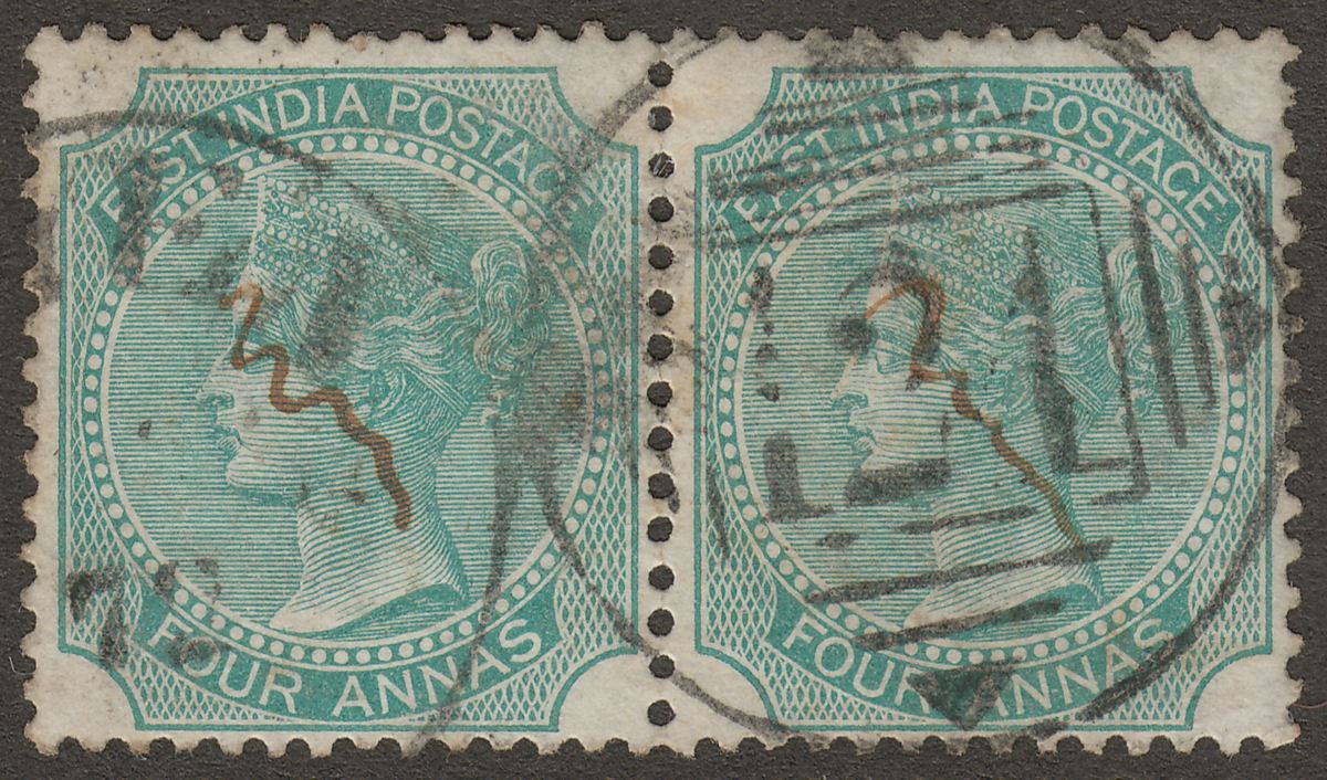 India used Aden 1872 QV 4a Green Pair Used 124 Aden Duplex Postmark SG Z37 KD6