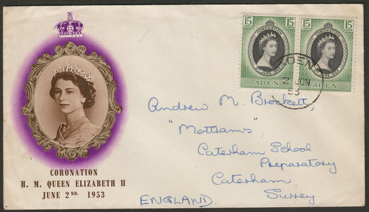 Aden 1953 QEII Coronation 15c Pair Used on First Day Cover to UK BPA Envelope