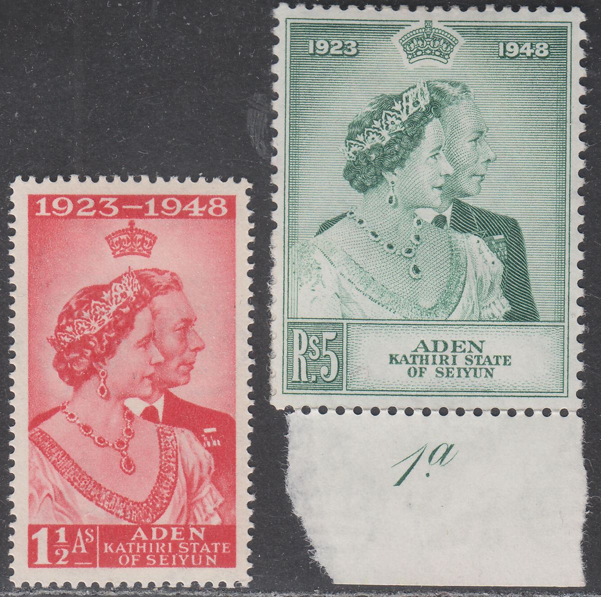 Aden Qu'aiti State 1949 KGVI Royal Silver Wedding 1½a, 5r Mint SG14-15 cat £22