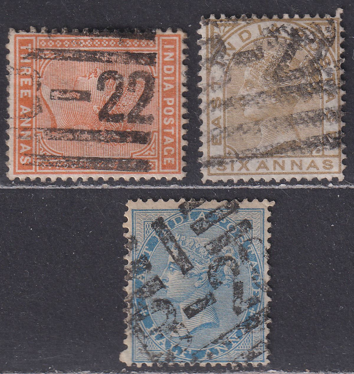 India used Aden 1874-90 QV 3a and 6a Used with B-22 Aden Postmarks + B-20 ½a