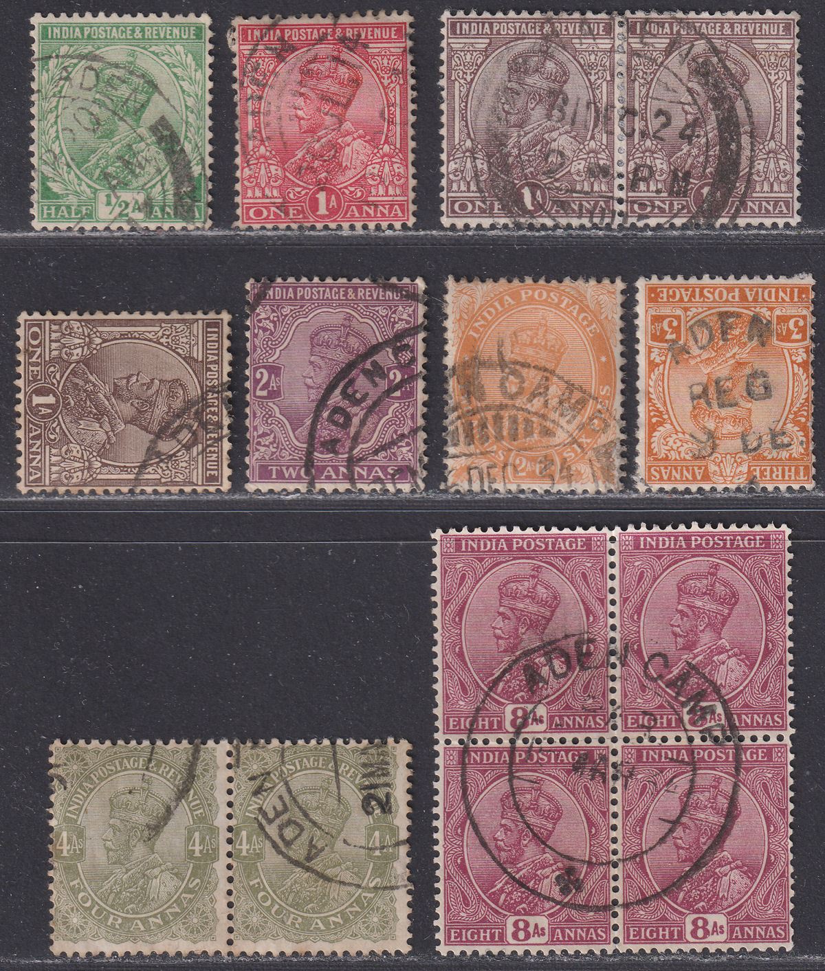 India used Aden 1911-26 KGV Selection to 8a Used with ADEN Postmarks