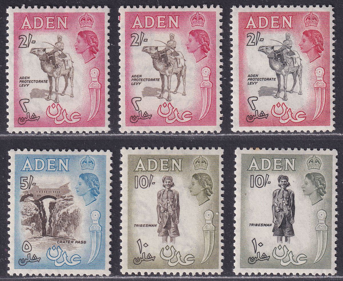 Aden 1953-56 QEII 2sh, 5sh, 10sh  Mint with several shades