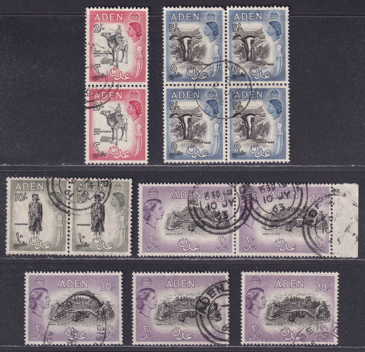 Aden 1953 QEII 2sh, 5sh, 10sh, 20sh Black Shade Selection Used
