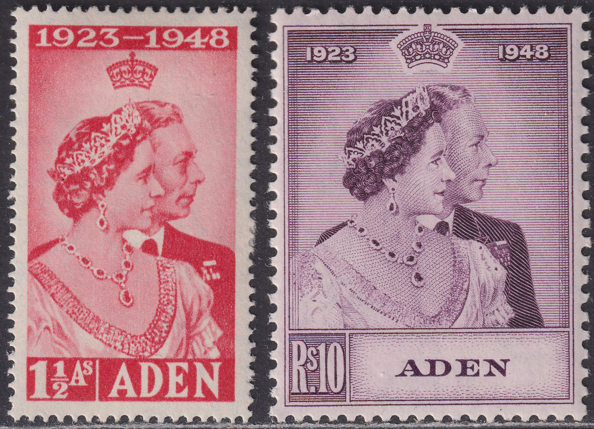 Aden 1949 KGVI Royal Silver Wedding 1½a Scarlet, 10r Mauve Mint SG30-31 cat £40