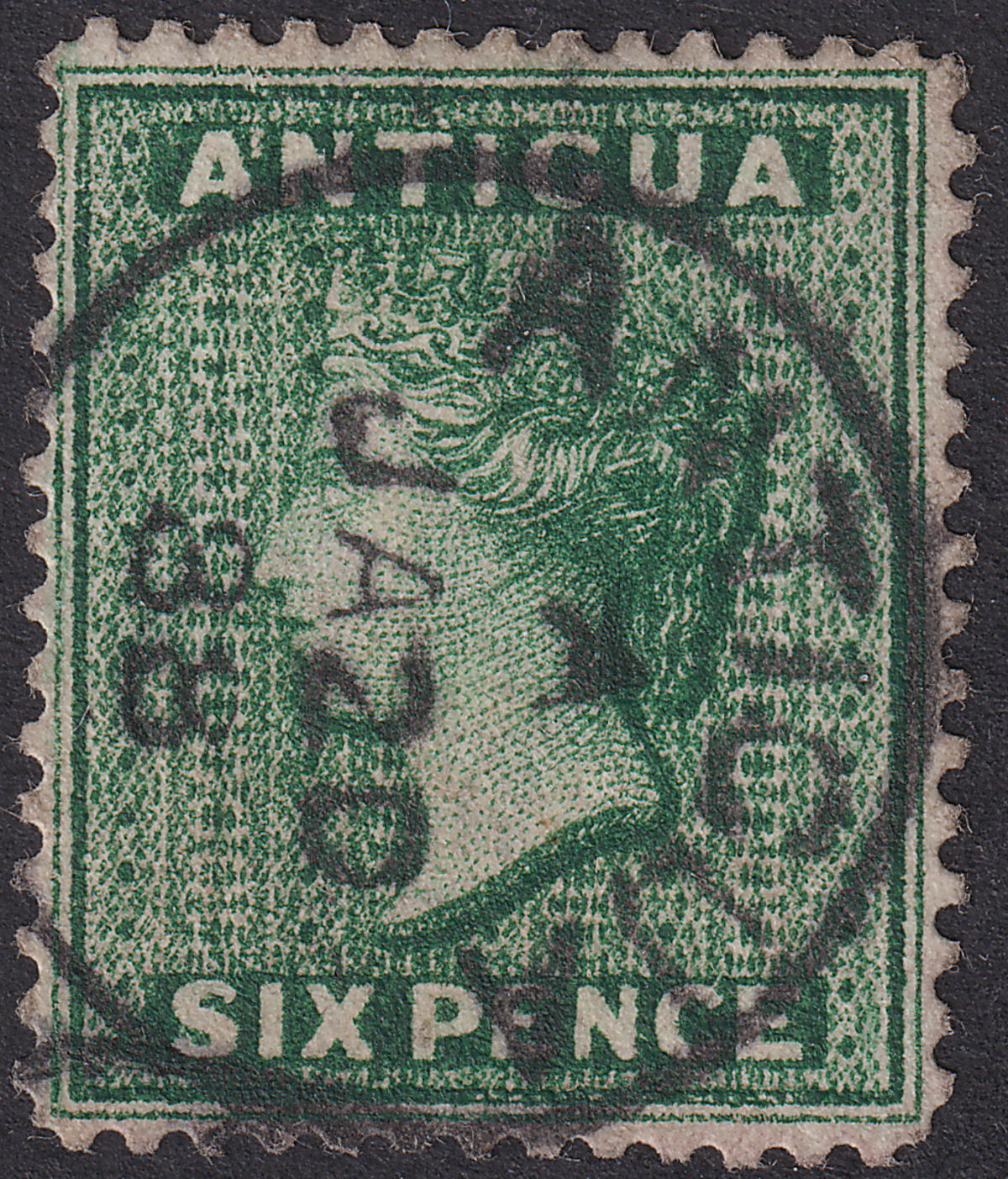 Antigua 1884 QV wmk CA 6d Deep Green Used SG29 cat £130