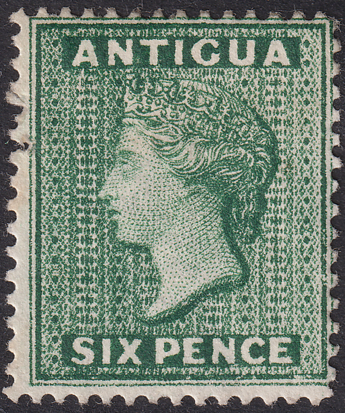 Antigua 1884 QV wmk CA 6d Deep Green Mint SG29 cat £60 DAMAGED