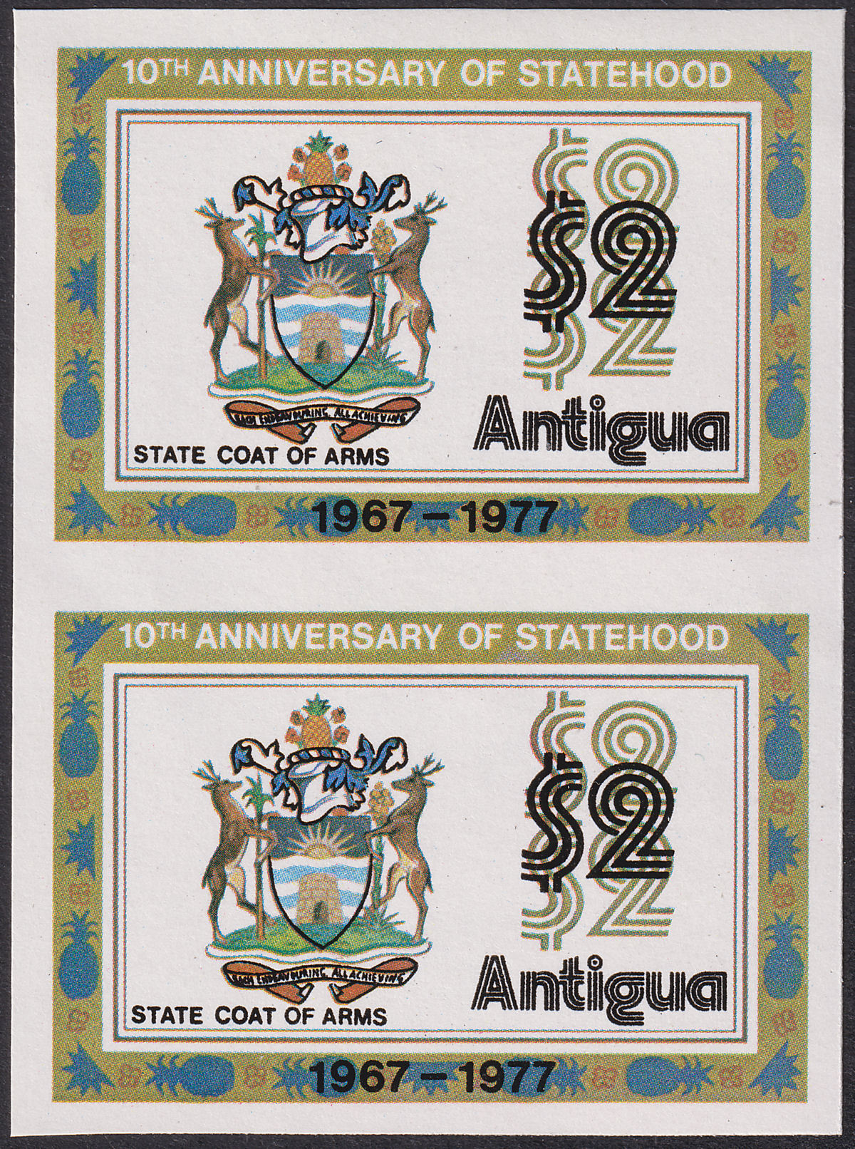 Antigua 1977 QEII Statehood $2 Imperforate Pair Mint SG566var proof?