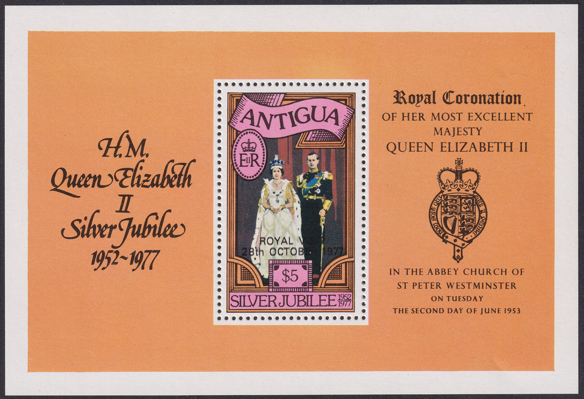 Antigua 1977 QEII Royal Visit $5 Min Sheet Opt Double Mint SG MS553a cat £55