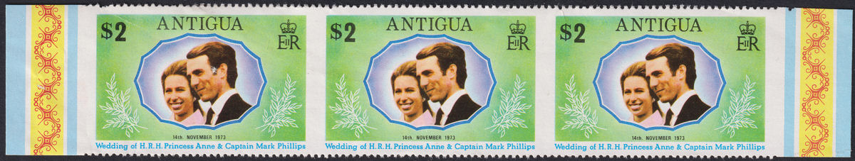 Antigua 1973 Royal Wedding $2 Impeforate Strip of 3 Mint SG371var