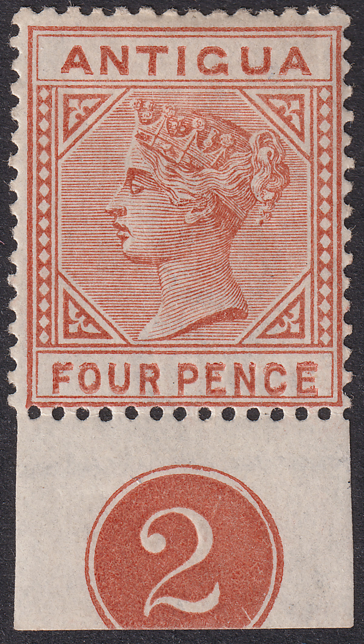 Antigua 1887 QV 4d Chestnut Plate 2 Marginal Mint SG28