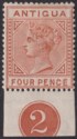 Click for more photos and details Antigua 1887 QV 4d Chestnut Plate 2 Marginal Mint SG28