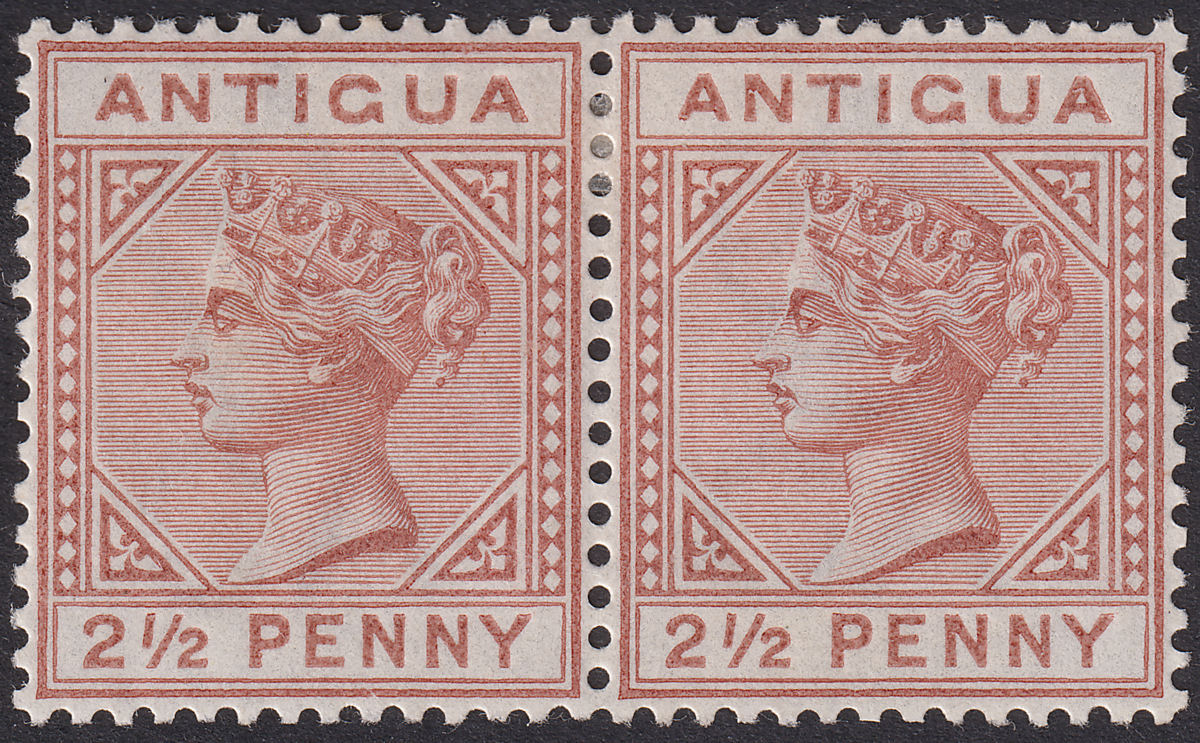 Antigua 1882 QV wmk CA 2½d Red-Brown Pair Mint SG22 cat £380