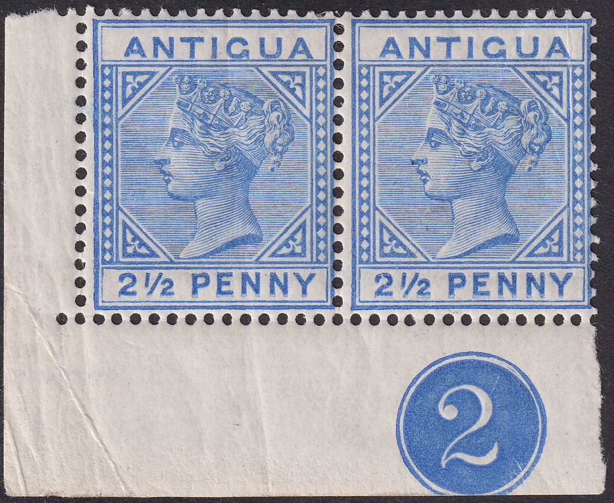 Antigua 1887 QV 2½ Ultramarine Plate 2 Corner Pair Mint SG27 creases