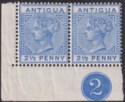 Click for more photos and details Antigua 1887 QV 2½ Ultramarine Plate 2 Corner Pair Mint SG27 creases
