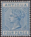 Click for more photos and details Antigua 1882 QV wmk CA 4d Blue Mint SG23 cat £275