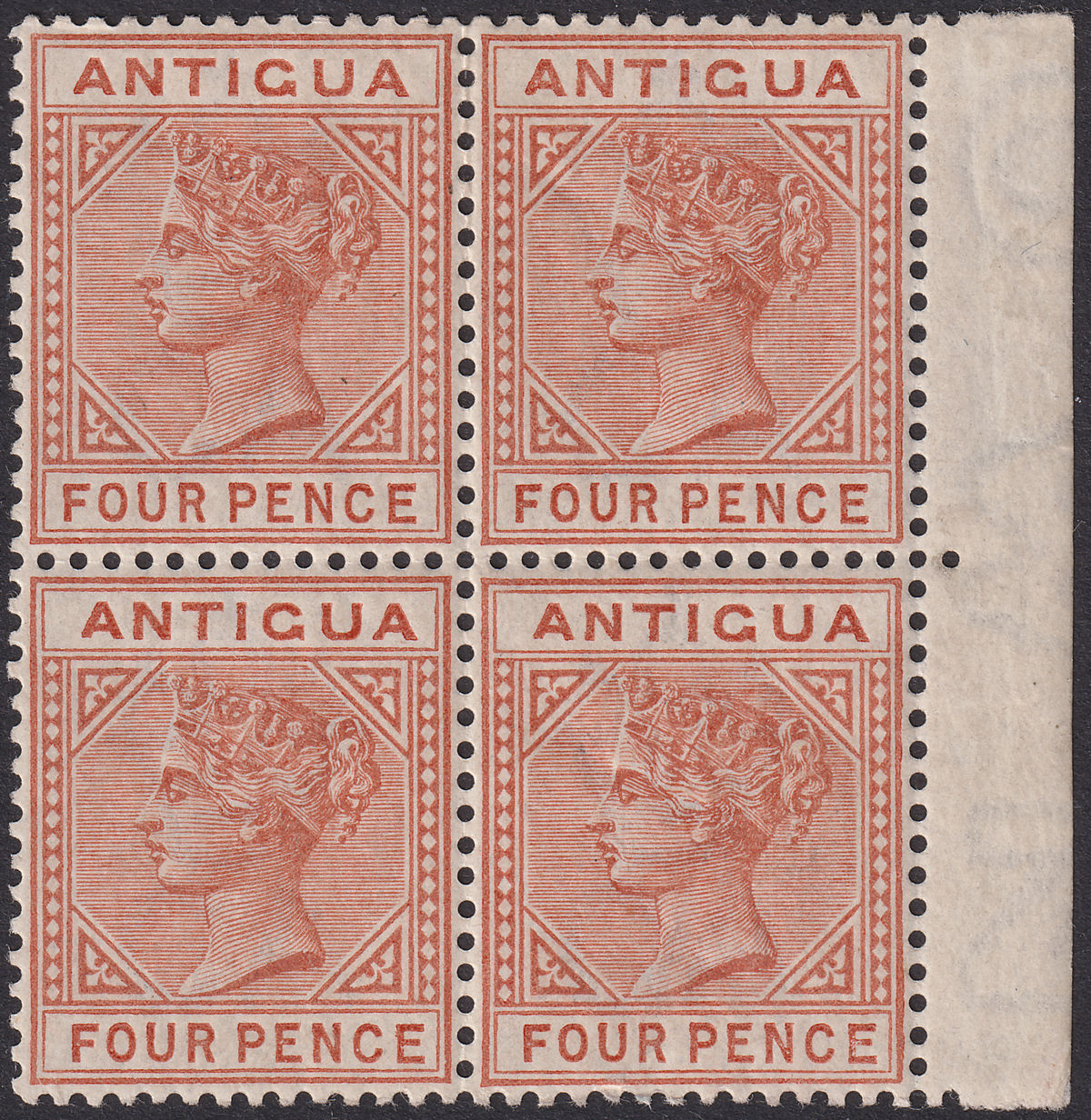 Antigua 1887 QV 4d Chestnut Marginal Block of 4 Mint SG26
