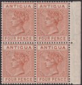 Click for more photos and details Antigua 1887 QV 4d Chestnut Marginal Block of 4 Mint SG26