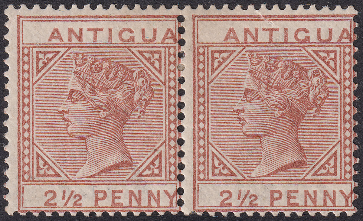 Antigua 1882 QV wmk CA 2½d Red-Brown Offset Duty Pair Mint SG22 cat £380