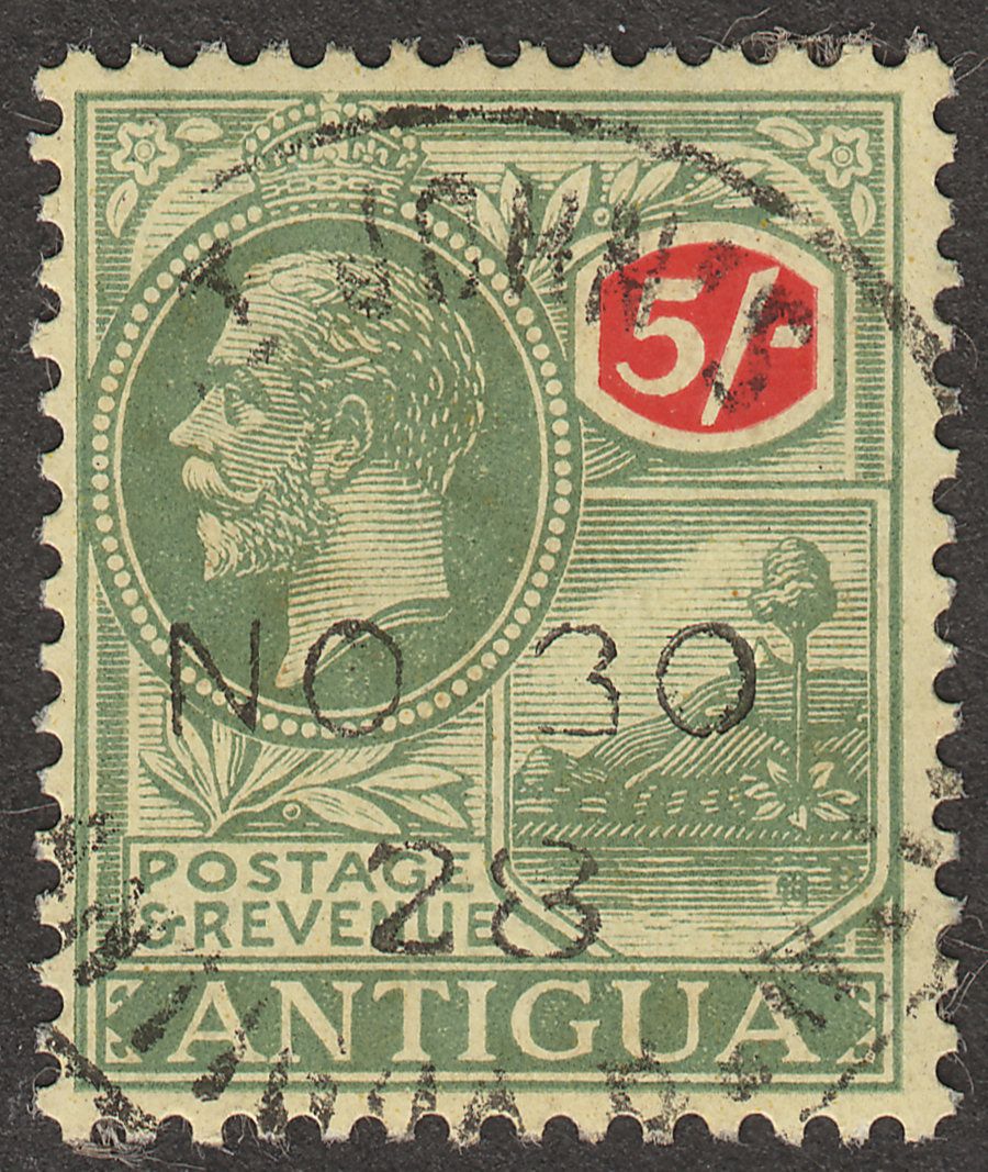 Antigua 1922 KGV 5sh Green and Red on Pale Yellow Used SG60