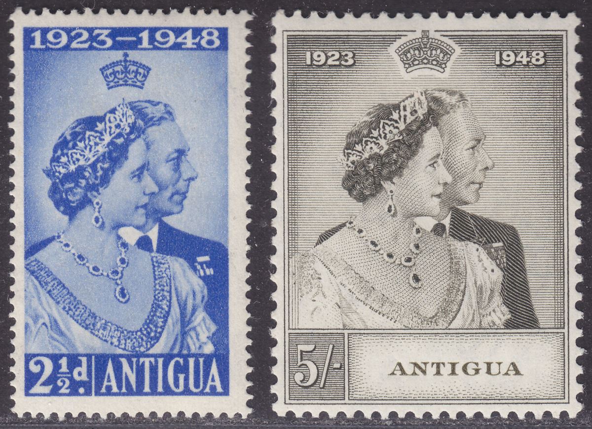Antigua 1949 KGVI Royal Silver Wedding 2½d, 5sh UM Mint SG112-113 cat £16 MNH