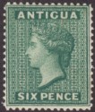 Click for more photos and details Antigua 1884 QV wmk CA 6d Deep Green Mint SG29 cat £60