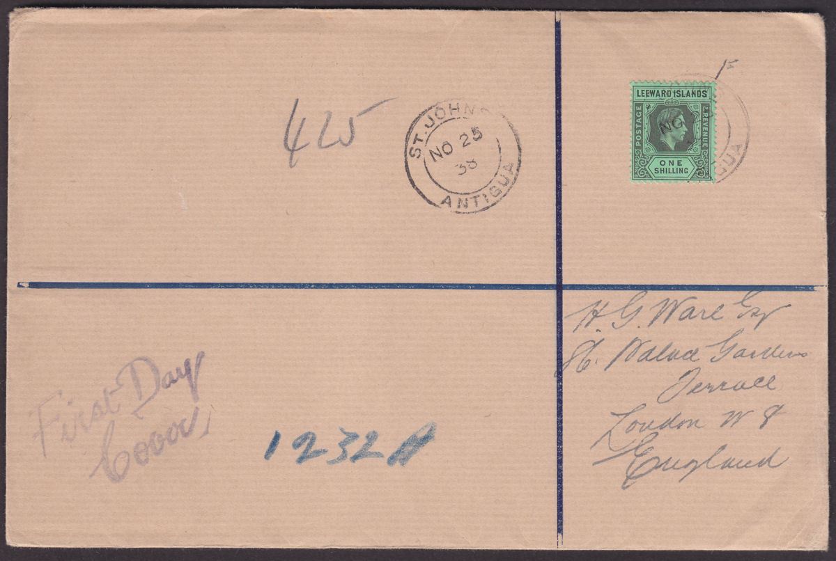 Leeward Islands 1938 KGVI 1sh Registered First Day Cover with Antigua Postmarks