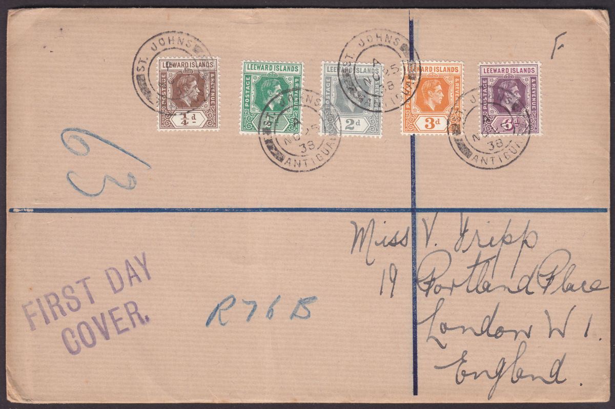 Leeward Islands 1938 KGVI 6d 3d 2d ½d ¼d Regd First Day Cover Antigua Postmarks